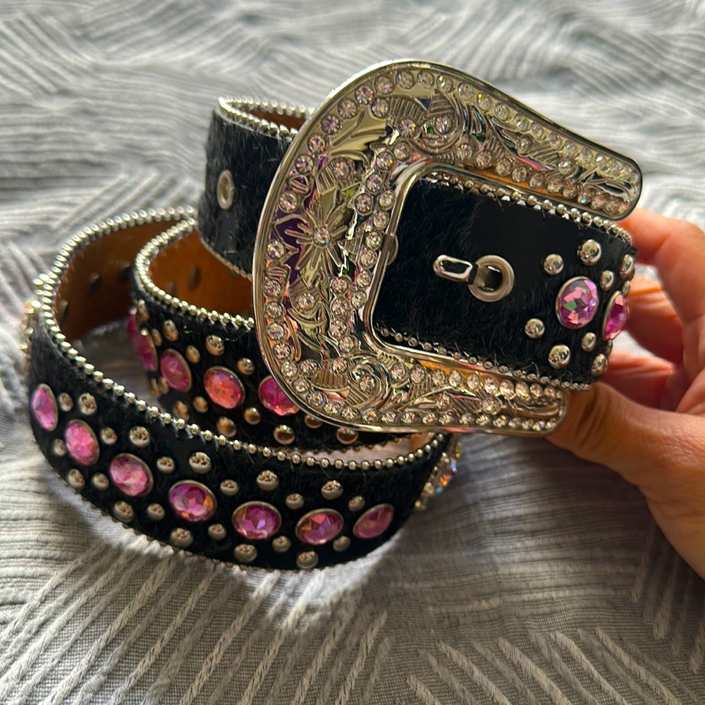 𝅺BLAZIN Roxx Western Belt Womens Crystal Hair Black Pink N3512401 size L